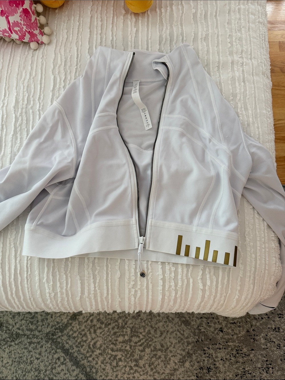 lululemon athletica Light Gray Cropped Zip Bomber Jacket with Gold Accent
